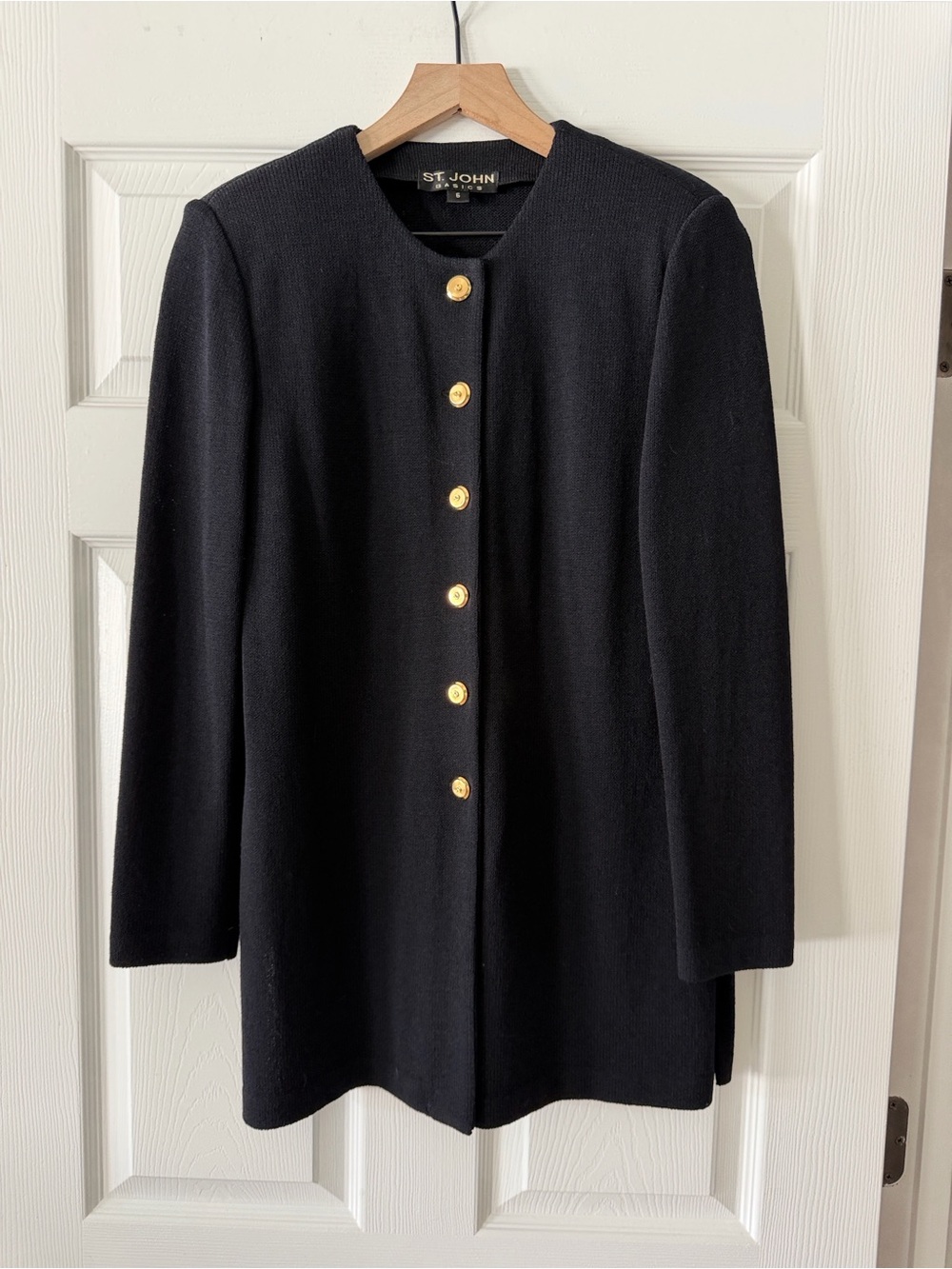 St. John Basics Black Santana Knit Longline Jacket Gold Buttons — Size 6